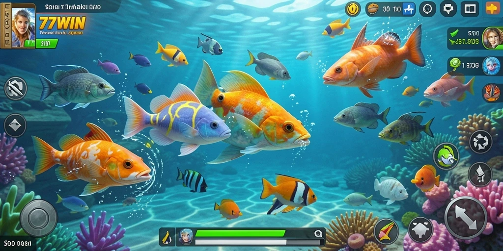 Tampilan gameplay 77WIN yang penuh warna dan seru dalam menembak ikan.