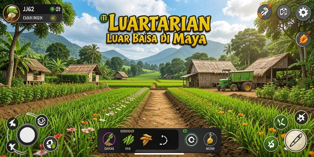 Screenshot gameplay JJ62 menunjukkan ladang luas dengan tanaman subur.