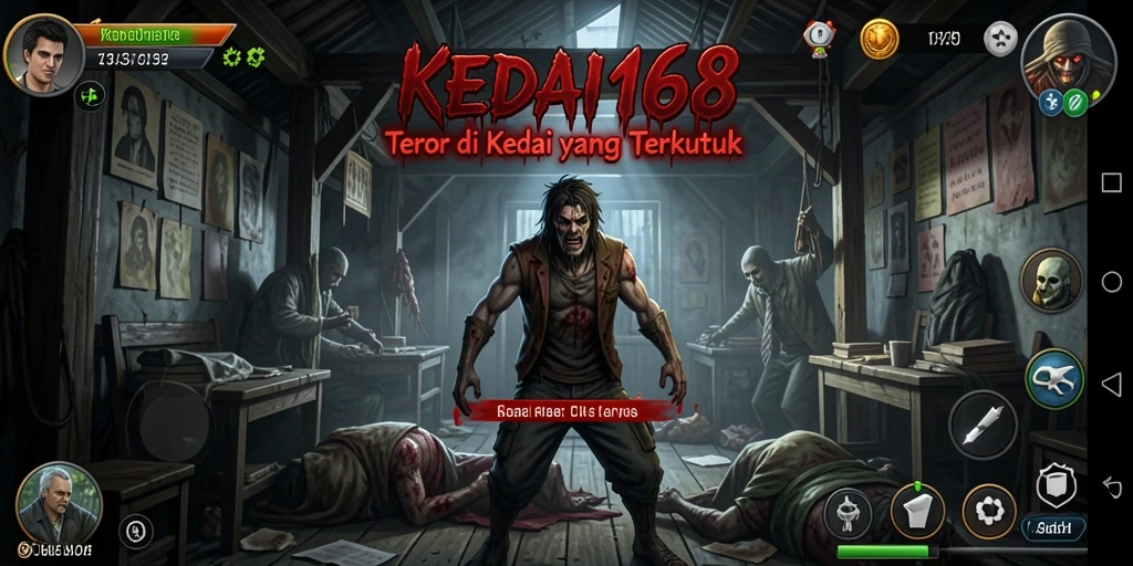 Screenshot KEDAI168 menampilkan suasana kedai yang gelap dan menakutkan.