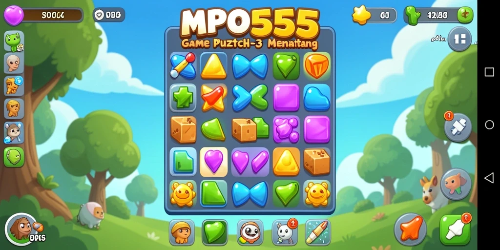 MPO555 menunjukkan gameplay seru dengan grafis cerah dan tantangan Match-3.